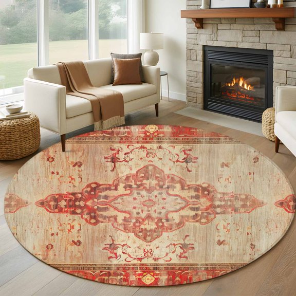Classic Medieval Round Rugs for Living Room 6ft Retro African Patterns Non Slip Circle Rug Washable Low-Profile Indoor Carpet for Bedroom, Dining Room, Bathroom