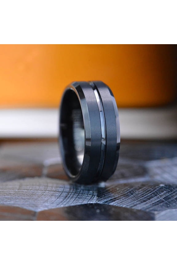 Classic Men Black Stainless Steel 8mm Polished Matte Brushed Finish Center Wedding Band Ring, Size 11