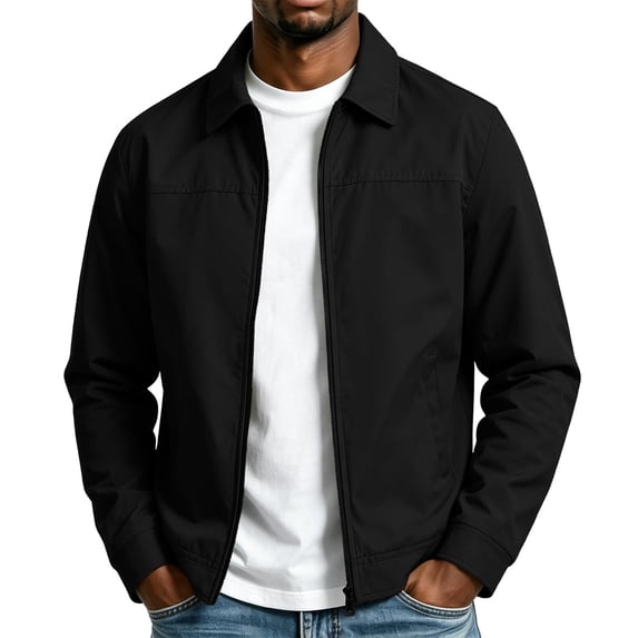 Classic Men Lightweight Jacket Lapel Full Zip Long Sleeve Coat with Lined,Daily Outdoor Commuting Travel Casual Comfy Wear,Black,M