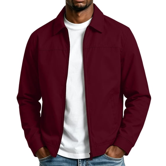 Classic Men Lightweight Jacket Lapel Full Zip Long Sleeve Coat with Lined,Daily Outdoor Commuting Travel Casual Comfy Wear,Red,XL