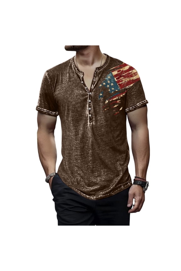 Classic Men's Independence Day Graphic Cotton T-Shirt, Soft Crew Neck Short Sleeve Top with Fade-Resistant Print ,Brown L