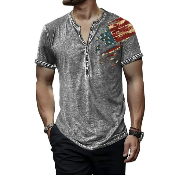Classic Men's Independence Day Graphic Cotton T-Shirt, Soft Crew Neck Short Sleeve Top with Fade-Resistant Print ,Gray M