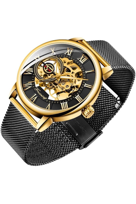 Classic Men’s Manual Mechanical Wrist Watch, Slim Openwork Skeleton Dial, Breathable Stainless Steel Mesh Bracelet