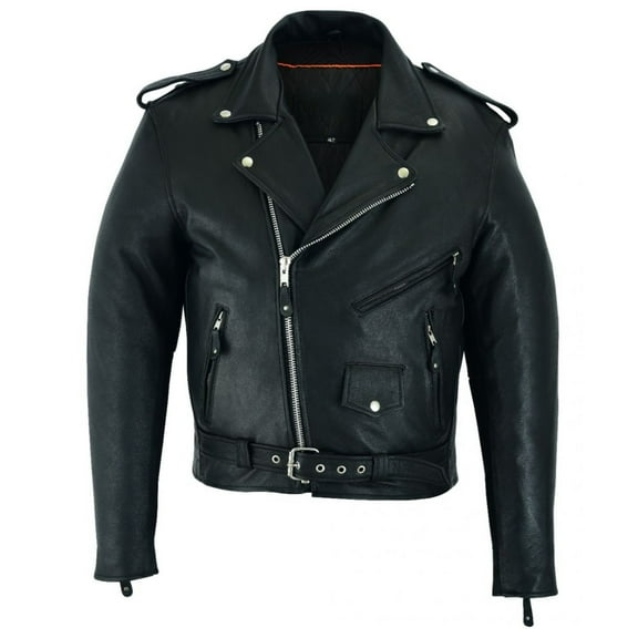 Classic Mens Biker Police Motorcycle Naked Cowhide Leather Jacket with Pockets Heavy Duty Black
