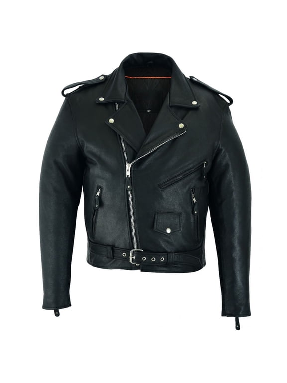 Classic Mens Biker Police Motorcycle Naked Cowhide Leather Jacket with Pockets Heavy Duty Black