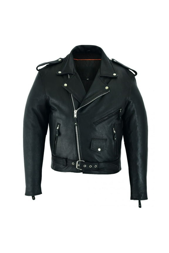 Classic Mens Biker Police Motorcycle Naked Cowhide Leather Jacket with Pockets Heavy Duty Black