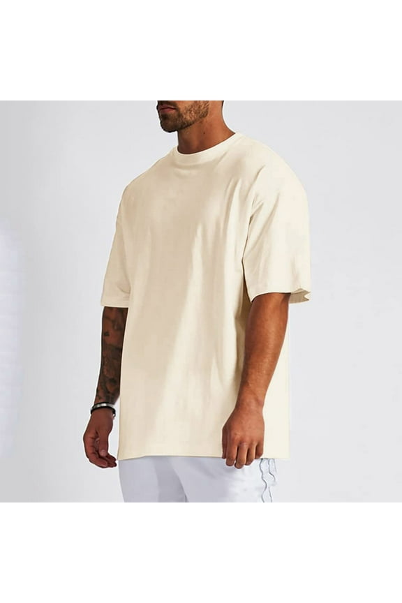 Classic Mens T-Shirts Oversized Short Sleeve Crew Neck Plain T Shirt For Men Beige S