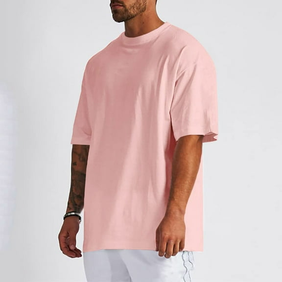 Classic Mens T-Shirts Oversized Short Sleeve Crew Neck Plain T Shirt For Men Pink XXL