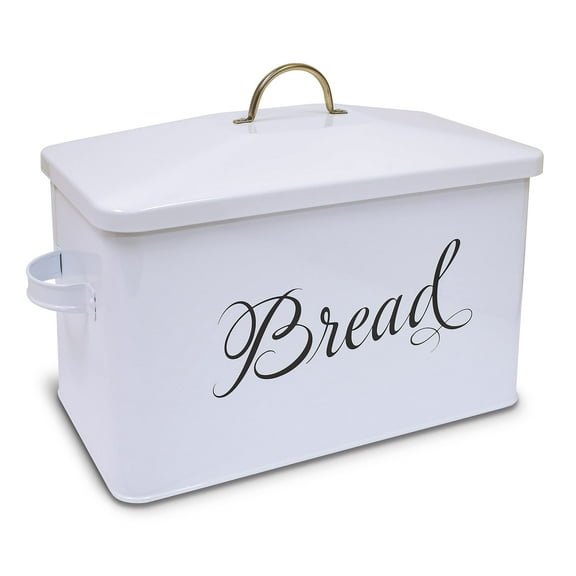 Classic Metal Bread Box with Side Handles, Large Capacity (2 Bread Loaves), Farmhouse Bread Bin for Kitchen Countertop, by Better Kitchen Products, Steel Bread Storage Container with Lid, White