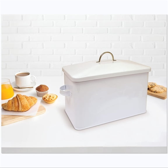 Classic Metal Bread Box with Side Handles, Large Capacity (2 Bread Loaves), Farmhouse Bread Bin for Kitchen Countertop, Steel Bread Storage Container with Lid, White