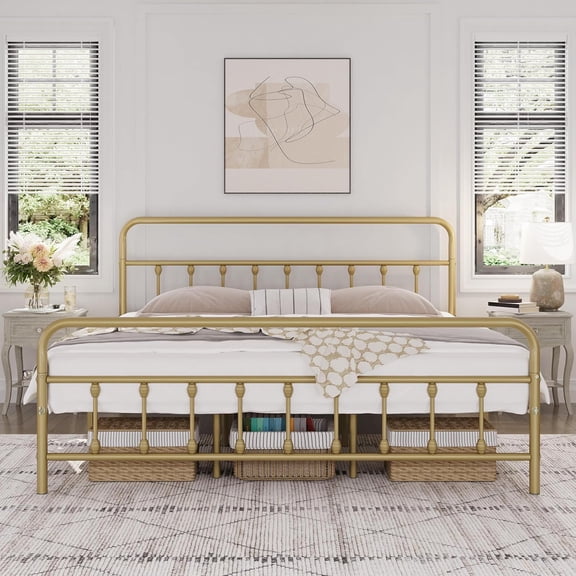 Classic Metal Platform Bed Frame Mattress Foundation with Victorian Style Iron-Art Headboard/Footboard/Under Bed Storage/No Box Spring Needed/King Size Antique Gold