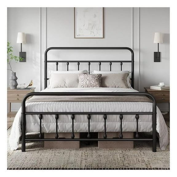 Bed Frame-Classic  Platform Bed Frame Mattress Foundation with Victorian Style Iron-Art Headboard/Footboard/Storage Space/No Box Spring Needed/Black
