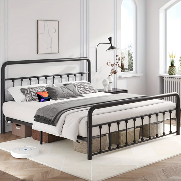 Classic Metal Platform Bed Frame Mattress Foundation with Victorian Style Iron-Art Headboard And Footboard/Under Bed Storage/No Box Spring Needed/Twin & Full & King Size