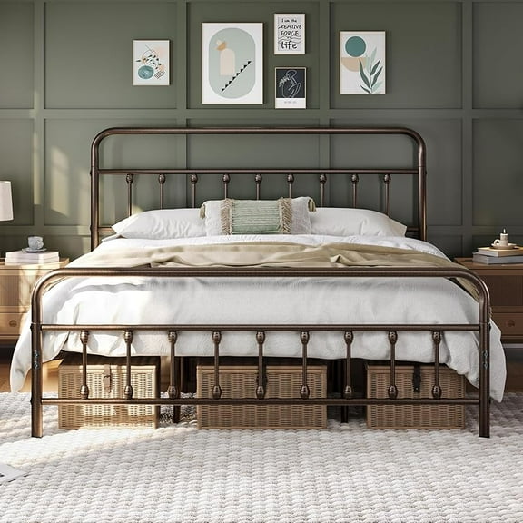 Classic Metal Platform Bed Frame Mattress Foundation with Victorian Style Iron-Art Headboard/Footboard/Under Bed Storage/No Box Spring Needed/Twin Size Bronze