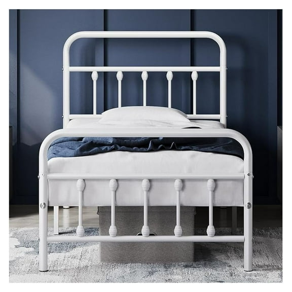 Classic Metal Platform Bed Frame Mattress Foundation with Victorian Style Iron-Art Headboard/Footboard/Under Bed Storage/No Box Spring Needed/Twin Size White