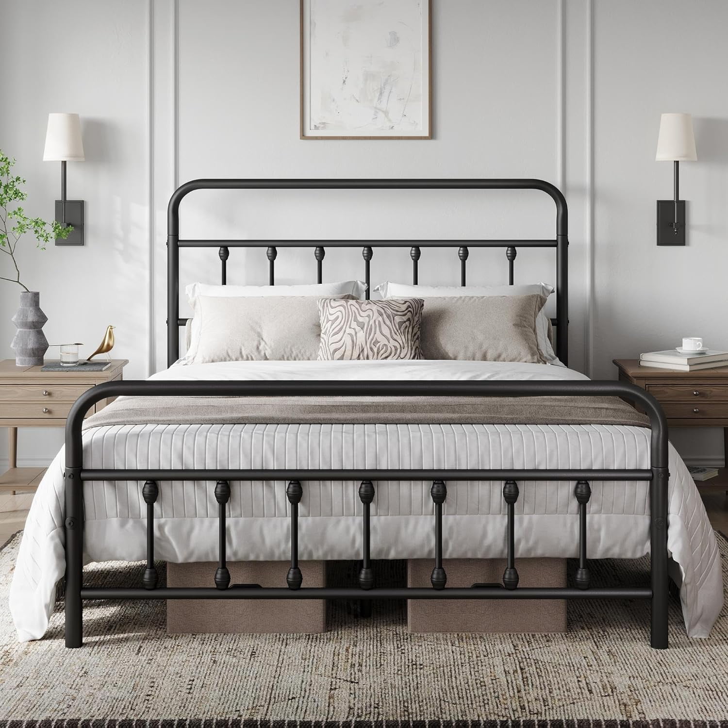 Queen Black Metal Platform Bed Frame with Victorian Headboard