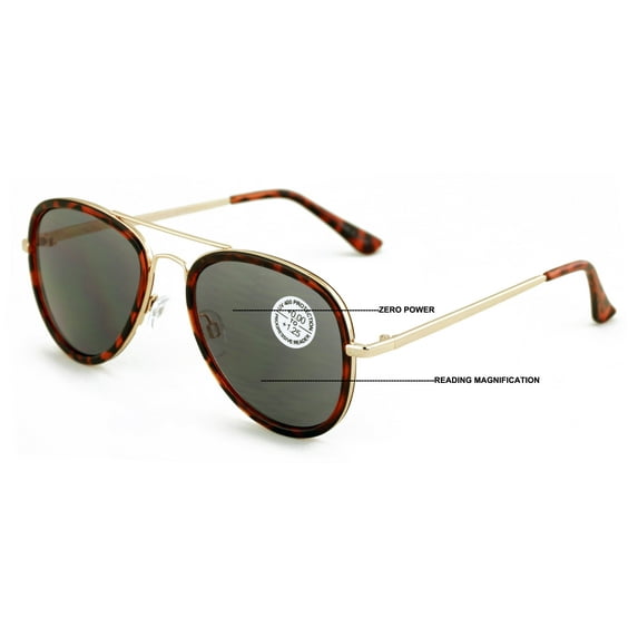 Classic Metal Tear Drop Progressive Bifocal Reading SunGlasses - Zero Power - Clear on Top UV Reader +2.00