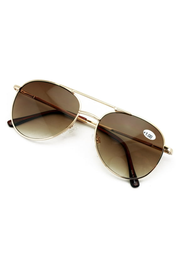Classic Metal Tear Drop Reading Sunglasses - Outdoor Unisex Tinted Readers Gold Brown +2.50