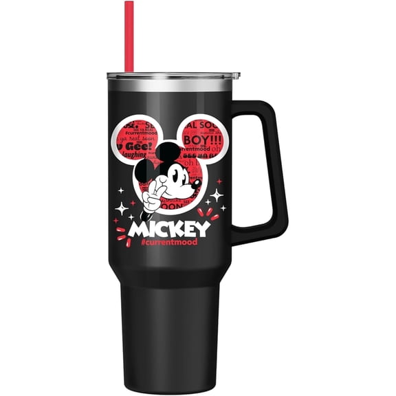Classic Mickey Mouse 40 Oz Tumbler Hashtag Current Mood #currentmood Stainless Steel Tumbler, with Handle and Straw, Fits in Standard Cup Holder