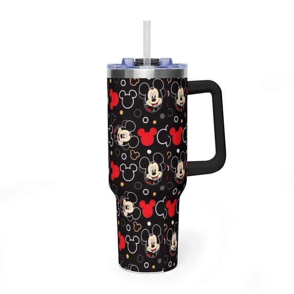 Classic Mickey Mouse Face Black Tumbler, Retro CARTOON Aesthetic 40oz Travel Mug, Premium Insulated Black Handle Cup
