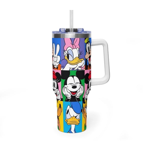 Classic Mickey Mouse White Handle Tumbler, CARTOON Pop-Art Aesthetic 40oz Travel Mug, Premium Insulated Donald & Goofy Cup