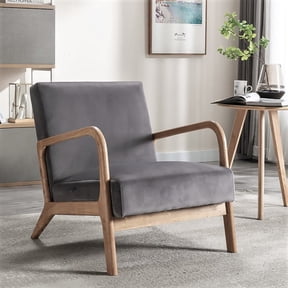Classic Mid Century Modern Accent Chairs for Living Room or Bedroom, Espresso Finish Open-Framed Armchair with Plush Cushioning and Velvet Fabric, Gray
