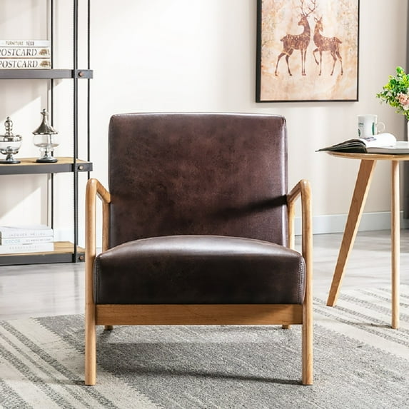 Classic Mid Century Modern Accent Chairs for Living Room or Bedroom, Dark Brown Open-Framed Armchair with Plush Cushioning and Microfiber Upholstery
