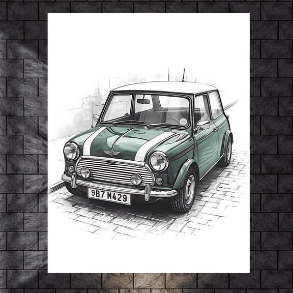 Classic Mini Cooper Wall Art, British Racing Green Sketch Poster With White Racing Stripes