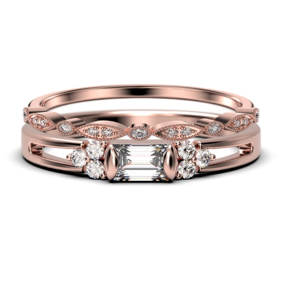 Minimalist 1.50 Carat Baguette Cut Moissanite & Diamond Bridal Set in 925 Sterling Silver with 18k Rose Gold Plating