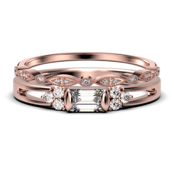 Classic Minimalist 1.50 Carat Baguette Cut Diamond Moissanite Engagement Ring, Split shank Wedding Ring in 925 Sterling Silver With 18k Rose Gold Plating Promise Ring, Bridal Rings Set
