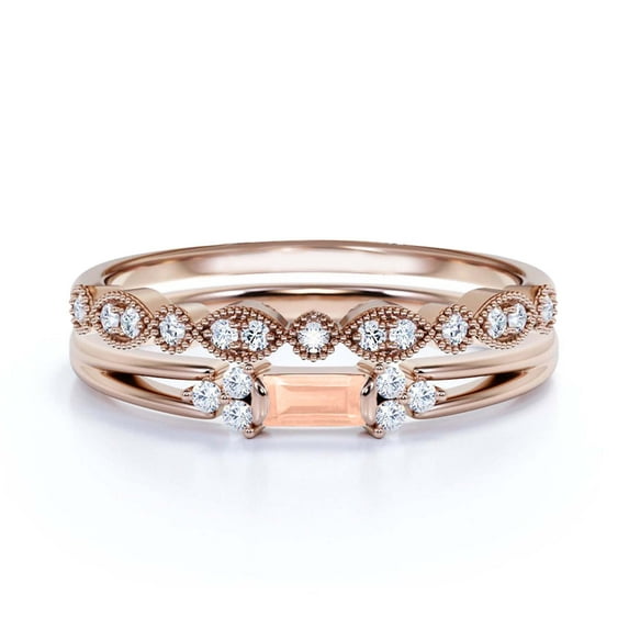 Classic Minimalist 1.50 Carat Baguette Cut Morganite And Diamond Moissanite Engagement Ring, Split shank Wedding Ring in 925 Sterling Silver With 18k Rose Gold Plating Promise Ring, Bridal Rings Set