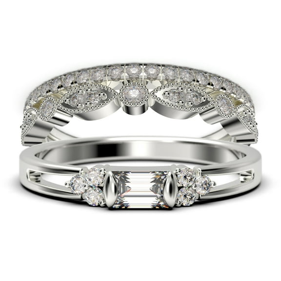 Classic Minimalist 2.00 Carat Baguette Cut Diamond Moissanite Engagement Ring, Split shank Wedding Ring in 10k Solid White Gold, Promise Ring, Anniversary Ring, Trio Rings Set