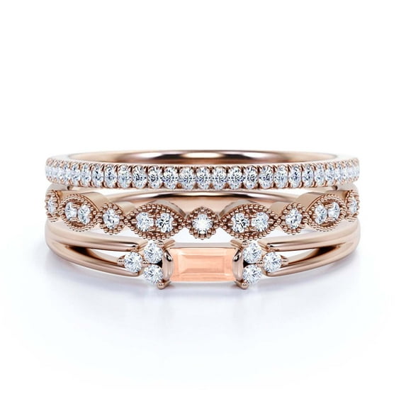 Classic Minimalist 2.00 Carat Baguette Cut Morganite And Diamond Moissanite Engagement Ring, Split shank Wedding Ring in 10k Solid Rose Gold, Promise Ring, Anniversary Ring, Trio Rings Set