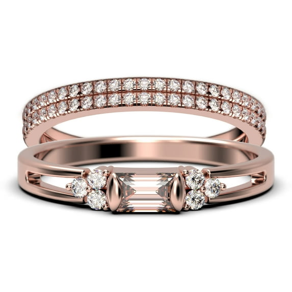 Classic Minimalist 2.00 Carat Baguette Cut Morganite And Diamond Moissanite Engagement Ring, Split shank Wedding Ring in 10k Solid Rose Gold, Promise Ring, Anniversary Ring, Trio Rings Set