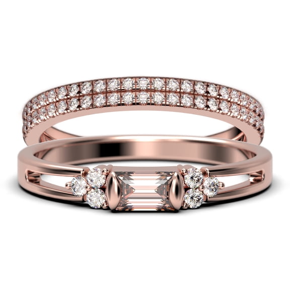 Classic Minimalist 2.00 Carat Baguette Cut Morganite And Diamond Moissanite Engagement Ring, Split shank Wedding Ring in 925 Sterling Silver With 18k Rose Gold Plating Promise Ring, Trio Rings Set