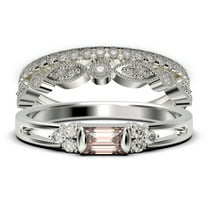 Classic Minimalist 2.00 Carat Baguette Cut Morganite And Diamond Moissanite Engagement Ring, Split shank Wedding Ring in 925 Sterling Silver With 18k White Gold Plating Promise Ring, Trio Rings Set