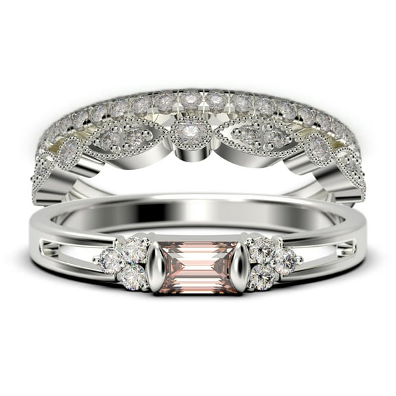 Classic Minimalist 2.00 Carat Baguette Cut Morganite And Diamond Moissanite Engagement Ring, Split shank Wedding Ring in 925 Sterling Silver With 18k White Gold Plating Promise Ring, Trio Rings Set