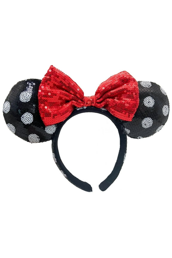 Classic Minnie Ears Bow Red Black White Dot Sequins Headband Hairbands - Girls Birthday Christmas Gift