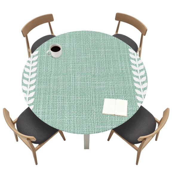 Classic Mint Green Linen Round Fitted Tablecloth with Elastic Edged, Boho Farmhouse Vertical Lines Waterproof Table Cover for Dinner Outdoor Picnic Fits Round Tables up to 36"- 44" Diameter