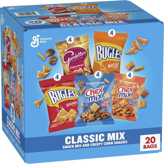 Classic Mix Snack Variety Pack, MDA05Bugles Original and Nacho Cheese, Gardetto's Original Recipe, Chex Mix Traditional and Cheddar, 20 Ct, 28 oz