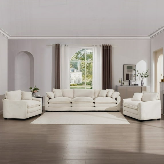 Modern and Luxurious Beige Corduroy 3-Piece Sofa Set with Soft Cushions and Pillows (220×80×75cm)