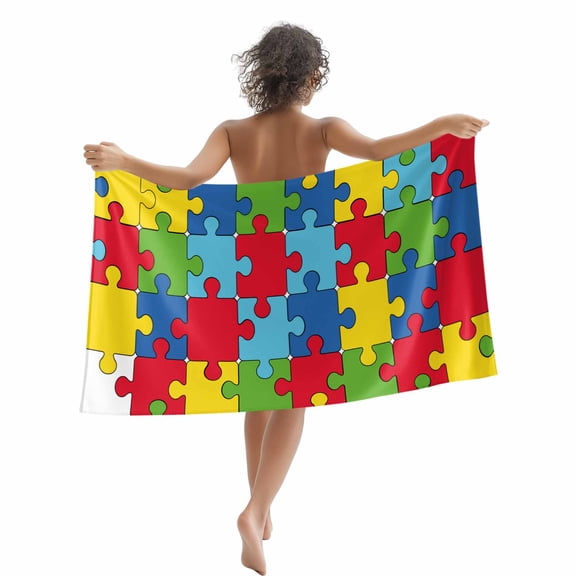 Classic Modern Beach Towels Blanket Soft&Absorbent Quick Dry Microfiber Puzzles Pieces Texture Pool Towels for Swimming ,Yoga, Sports, Gym, Camping,Large 30X60in, Red Yellow Blue Green