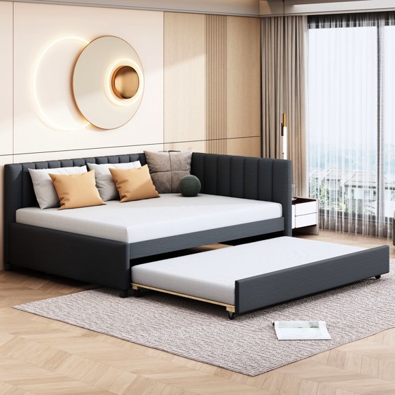 Classic Modern Daybed in Gray Linen | Trundle for Extra Sleeping Space