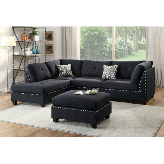 Classic & Modern Living Room Black Nailhead Trim Tufted Polyfiber Sectional Sofa w Ottoman Sofa reversible L/R Chaise