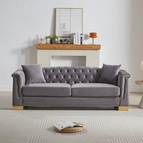 Classic Modern Sofa, 84-Inch Chesterfield with Classic Rolled Arms and Tasseled Decorative Clouds in Velvet, Luxury Three-Seater Sofa Suitable for Living Rooms, Bedrooms, Apartments (Gray)