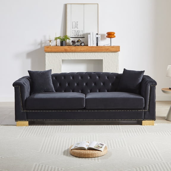 Classic Modern Sofa Couch, 84" Chesterfield with Classic Rolled Arms and Tasseled Decorative Clouds Couches in Velvet, Luxury 3-Seater Sofa Couches for Living Rooms, Bedrooms, Apartments, Black