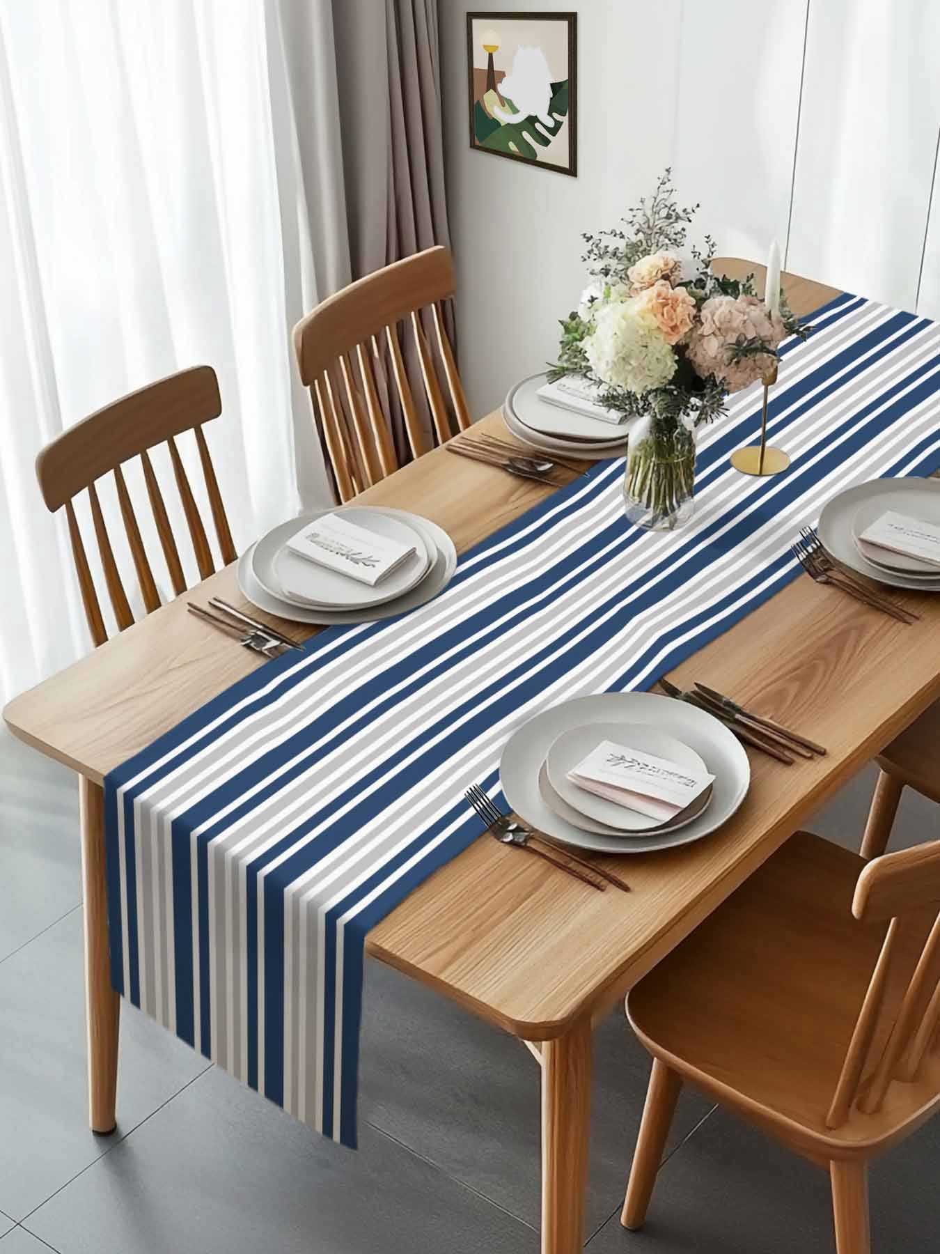 Classic Modern Striped Table Runner 90 Inches Long, Grey White Navy Blue Table Runners Tabletop Scarf Kitchen Dining Tables Decoration for Home Party Indoor Outdoor