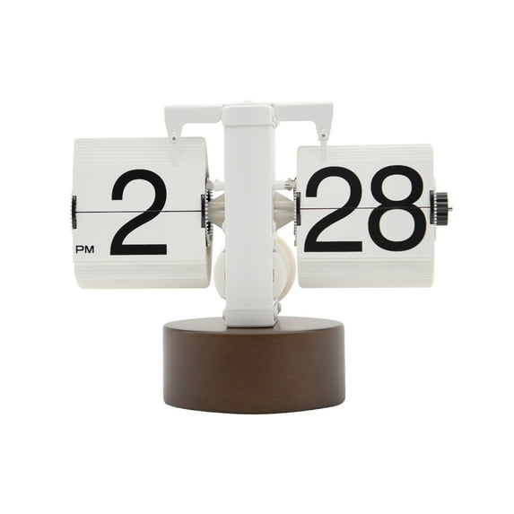 Classic Modern Wood Big Flip Desk Clock (White), Walnut Wood Base Retro Vintage Analog Design Auto Flip Clock Table Clock Ideal for Home Office School Hotel Café