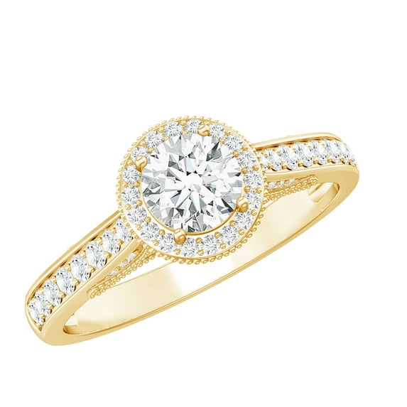 Rosec Jewels Classic Moissanite Round Engagement Ring with Halo - 5 mm - D-VS1 Grade Certified, 18K Yellow Gold, US 10.00