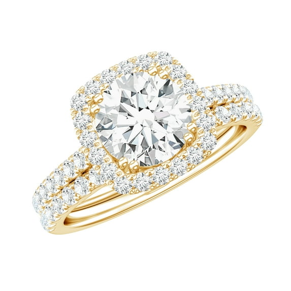 Rosec Jewels Classic Moissanite Wedding Ring Set of 2 - D-VS1 Grade Certified Moissanite Halo Engagement Ring with Band, 14K Yellow Gold, US 9.00